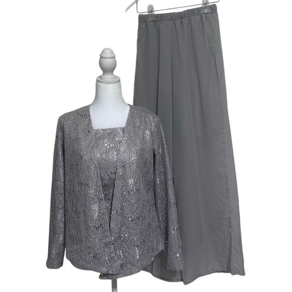 No Brand Other - NWOT Formal Pantsuit 3Pc Set Small Gray Silver Sequined Lace Top Jacket & Pants